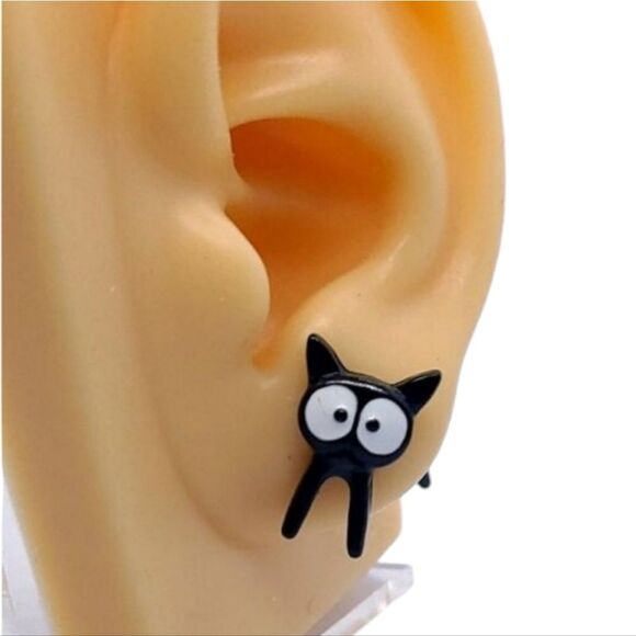 Jiji Black Cat Earrings Pierced Ear Jackets Big Eye Kitty Pet Sitter Cat Lady - Picture 1 of 6
